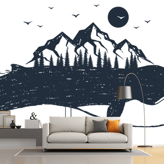Mountain on the Whale Mural Black and White Modern Art Wall Covering for Bedroom Clearhalo 'Wall Decor' 'Wall Mural' 1468553