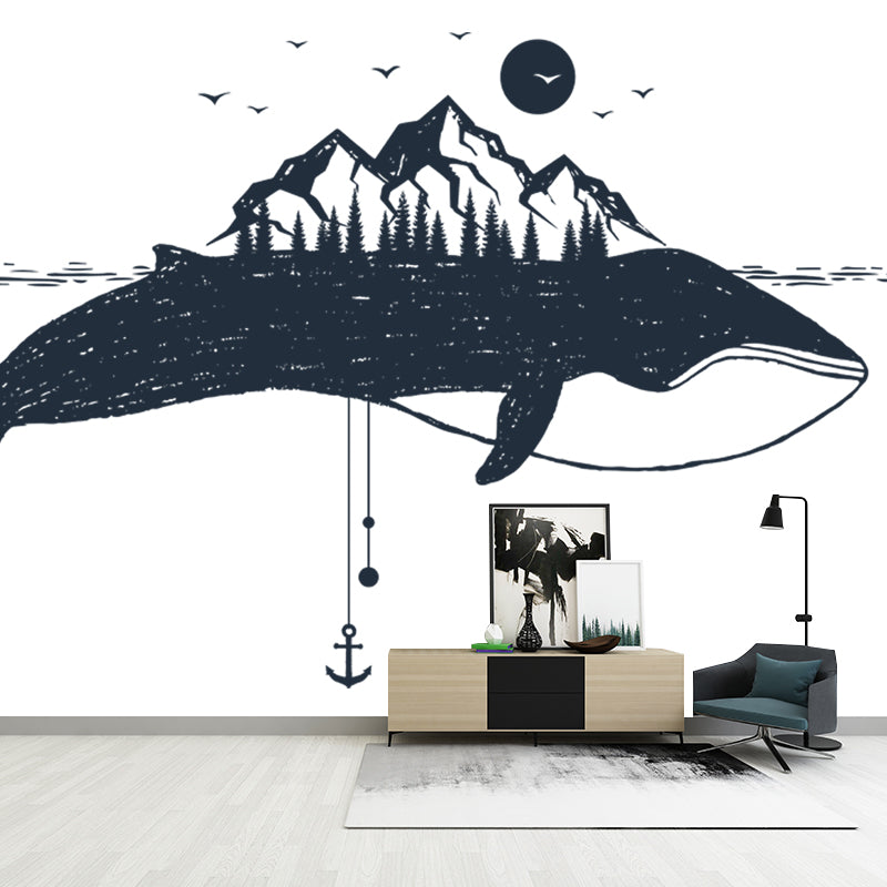 Mountain on the Whale Mural Black and White Modern Art Wall Covering for Bedroom Clearhalo 'Wall Decor' 'Wall Mural' 1468554