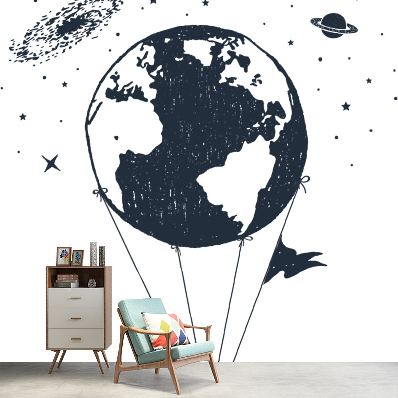 Space Globe Balloon Mural Wallpaper Modern Style Smooth Wall Art in Black and White Black-White Clearhalo 'Wall Decor' 'Wall Mural' 1468572
