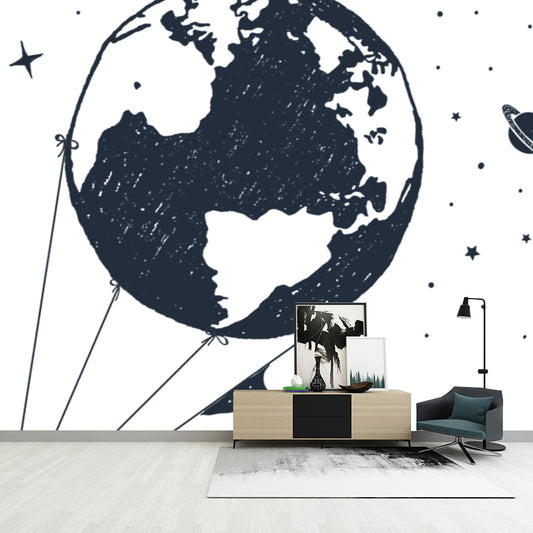 Space Globe Balloon Mural Wallpaper Modern Style Smooth Wall Art in Black and White Clearhalo 'Wall Decor' 'Wall Mural' 1468573