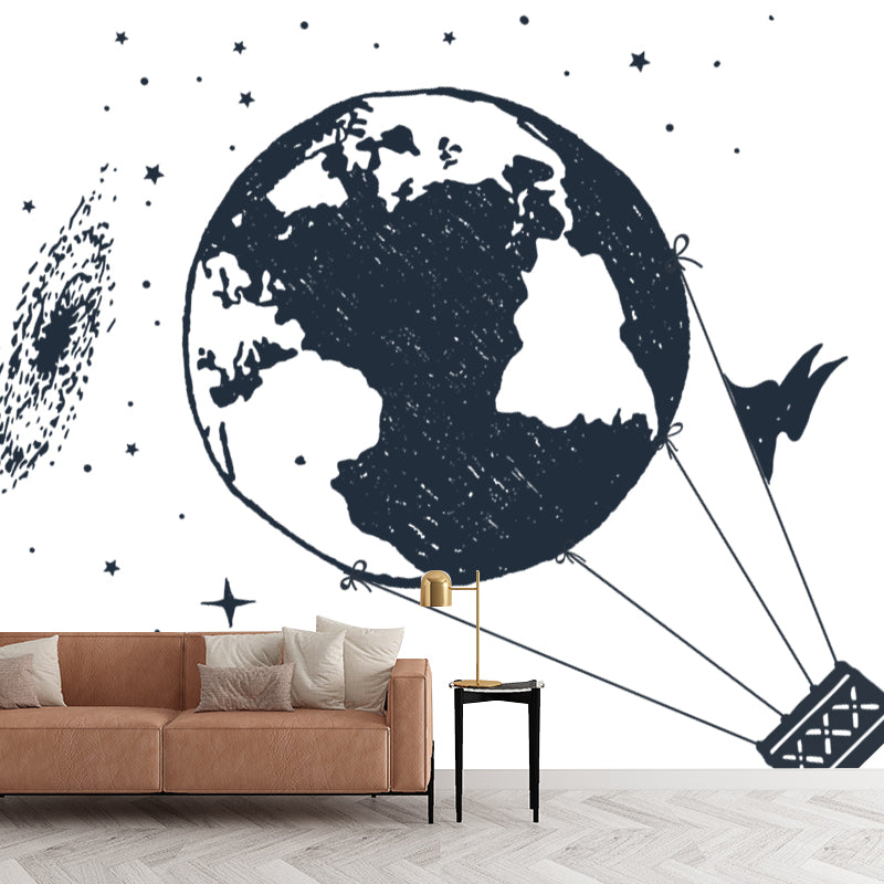 Space Globe Balloon Mural Wallpaper Modern Style Smooth Wall Art in Black and White Clearhalo 'Wall Decor' 'Wall Mural' 1468574