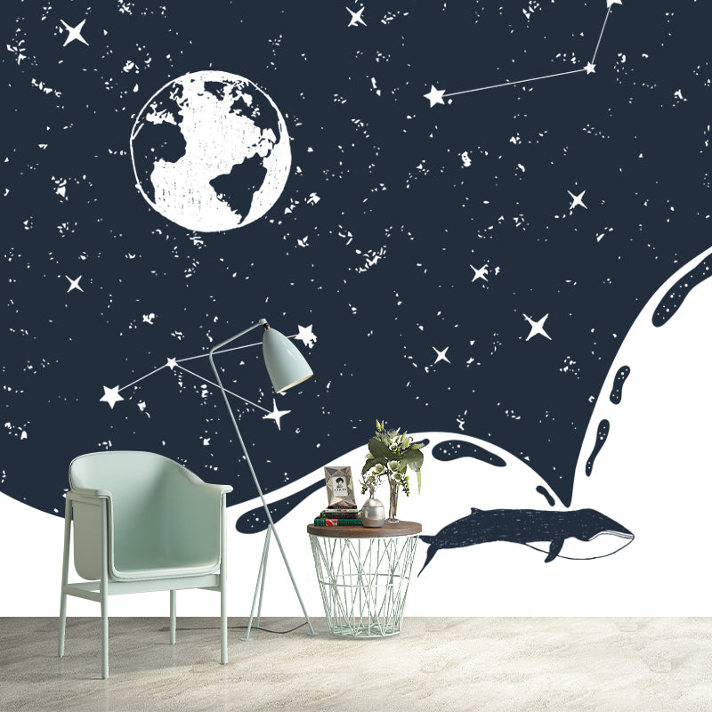 Custom Illustration Modern Mural with the Earth and Constellation Pattern in Black-White Black-White Clearhalo 'Wall Decor' 'Wall Mural' 1468587