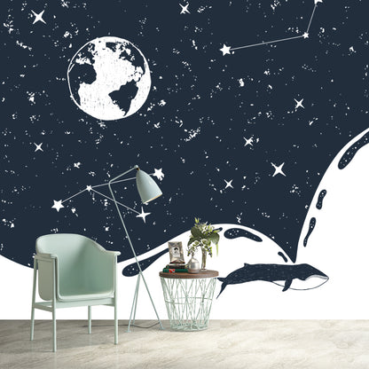 Custom Illustration Modern Mural with the Earth and Constellation Pattern in Black-White Black-White Clearhalo 'Wall Decor' 'Wall Mural' 1468587