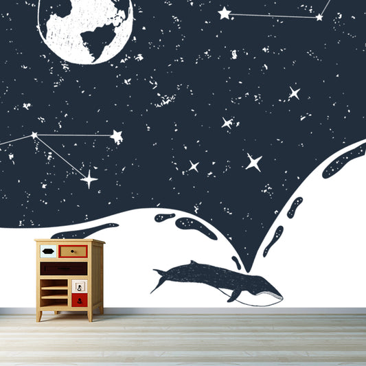 Custom Illustration Modern Mural with the Earth and Constellation Pattern in Black-White Clearhalo 'Wall Decor' 'Wall Mural' 1468588