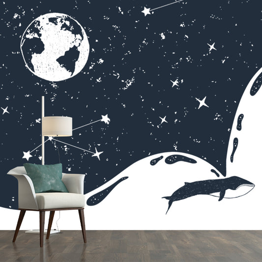 Custom Illustration Modern Mural with the Earth and Constellation Pattern in Black-White Clearhalo 'Wall Decor' 'Wall Mural' 1468589