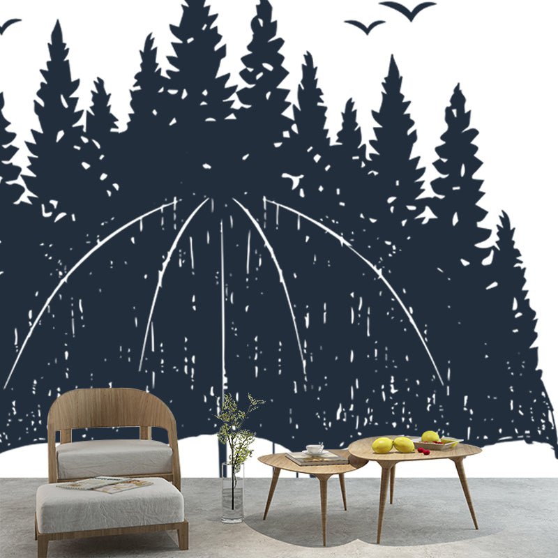 Novelty Forest on Umbrella Mural Wallpaper for Bedroom Custom Wall Decor in Black-White Black-White Clearhalo 'Wall Decor' 'Wall Mural' 1468592