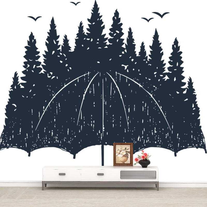 Novelty Forest on Umbrella Mural Wallpaper for Bedroom Custom Wall Decor in Black-White Clearhalo 'Wall Decor' 'Wall Mural' 1468594
