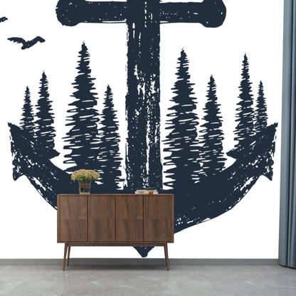Modern Anchor Wall Mural Decal Non-Woven Waterproof Black-White Wall Decor for Bedroom Black-White Clearhalo 'Wall Decor' 'Wall Mural' 1468602