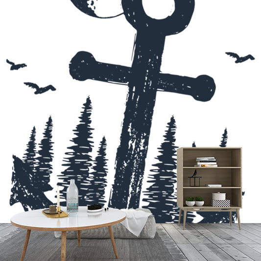 Modern Anchor Wall Mural Decal Non-Woven Waterproof Black-White Wall Decor for Bedroom Clearhalo 'Wall Decor' 'Wall Mural' 1468604