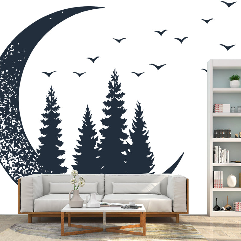 Creative Crescent and Forest Mural for Girls Bedroom, Black-White, Made to Measure Black-White Clearhalo 'Wall Decor' 'Wall Mural' 1468612