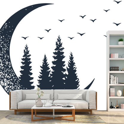 Creative Crescent and Forest Mural for Girls Bedroom, Black-White, Made to Measure Black-White Clearhalo 'Wall Decor' 'Wall Mural' 1468612