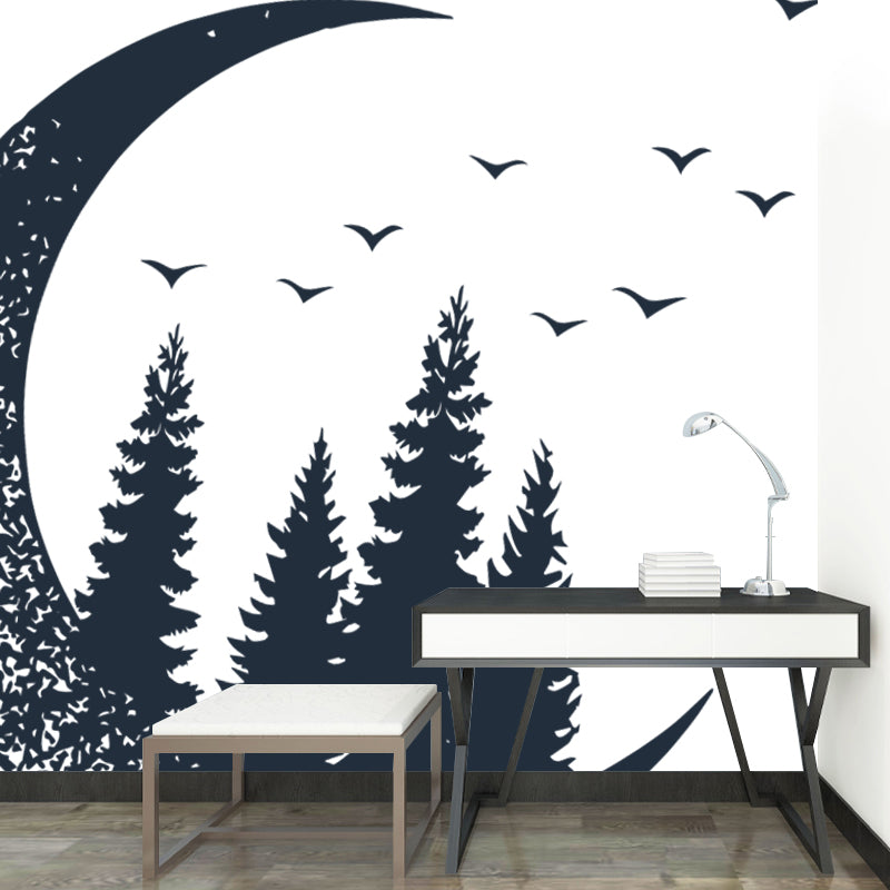 Creative Crescent and Forest Mural for Girls Bedroom, Black-White, Made to Measure Clearhalo 'Wall Decor' 'Wall Mural' 1468613