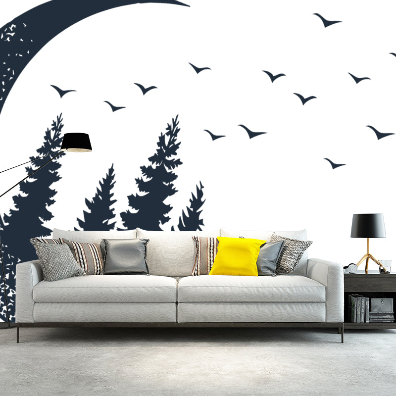 Creative Crescent and Forest Mural for Girls Bedroom, Black-White, Made to Measure Clearhalo 'Wall Decor' 'Wall Mural' 1468614