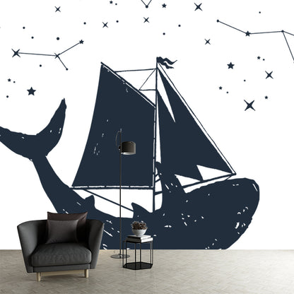 Huge Sailing Whale Mural Wallpaper Modern Fantasy Constellation Wall Decor in Black-White Black-White Clearhalo 'Wall Decor' 'Wall Mural' 1468622