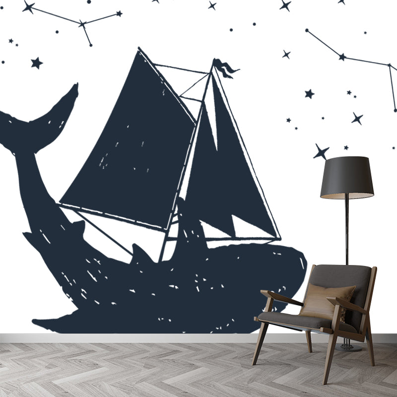 Huge Sailing Whale Mural Wallpaper Modern Fantasy Constellation Wall Decor in Black-White Clearhalo 'Wall Decor' 'Wall Mural' 1468623