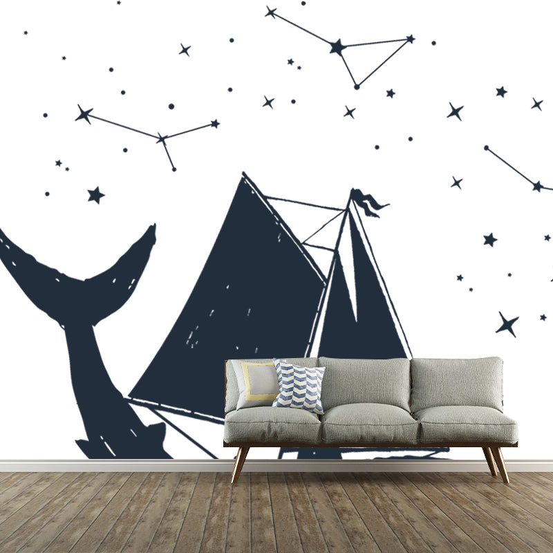 Huge Sailing Whale Mural Wallpaper Modern Fantasy Constellation Wall Decor in Black-White Clearhalo 'Wall Decor' 'Wall Mural' 1468624