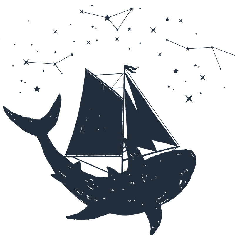 Huge Sailing Whale Mural Wallpaper Modern Fantasy Constellation Wall Decor in Black-White Clearhalo 'Wall Decor' 'Wall Mural' 1468625