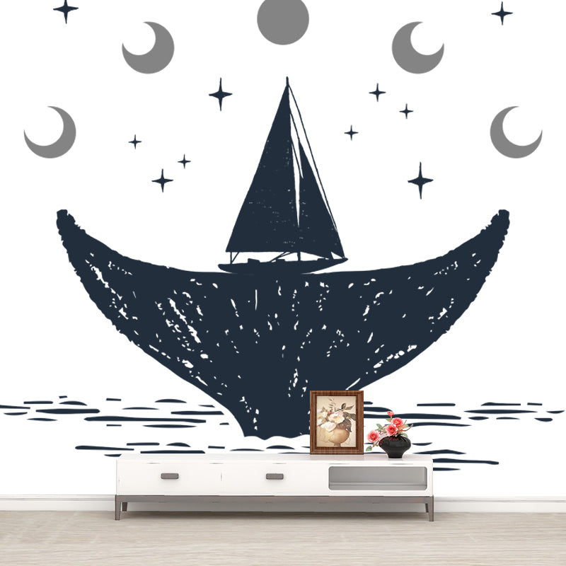 Custom Illustration Novelty Mural with Moon and Whale Tail Pattern in Black-White Black-White Clearhalo 'Wall Decor' 'Wall Mural' 1468627