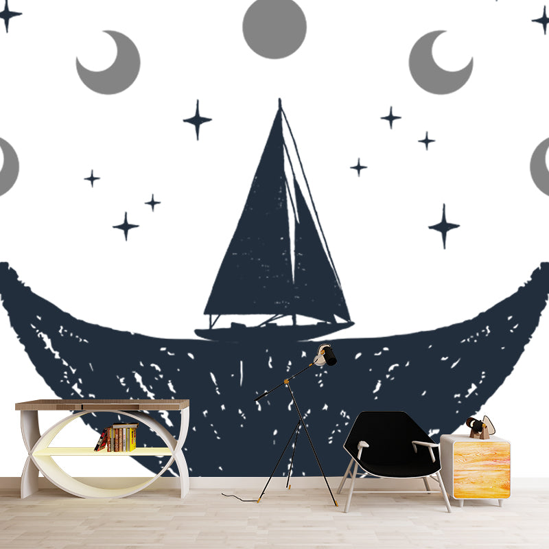 Custom Illustration Novelty Mural with Moon and Whale Tail Pattern in Black-White Clearhalo 'Wall Decor' 'Wall Mural' 1468629