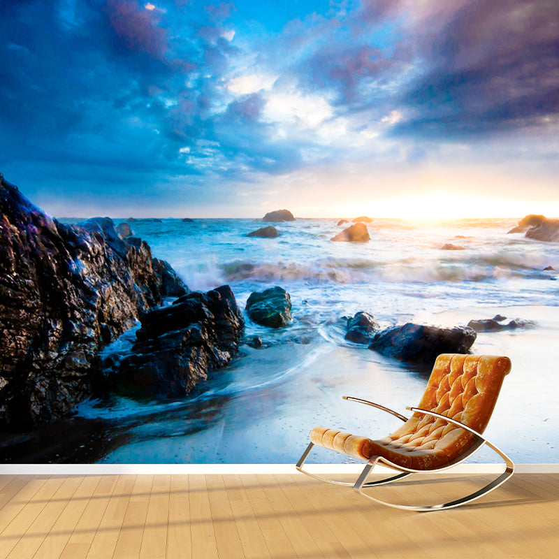 Sky Blue Tropical Mural Wallpaper Large Rock Beach Wall Covering for Living Room Blue Clearhalo 'Wall Decor' 'Wall Mural' 1468632