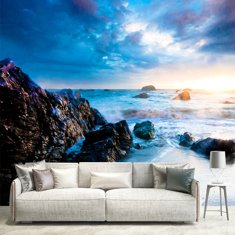 Sky Blue Tropical Mural Wallpaper Large Rock Beach Wall Covering for Living Room Clearhalo 'Wall Decor' 'Wall Mural' 1468633