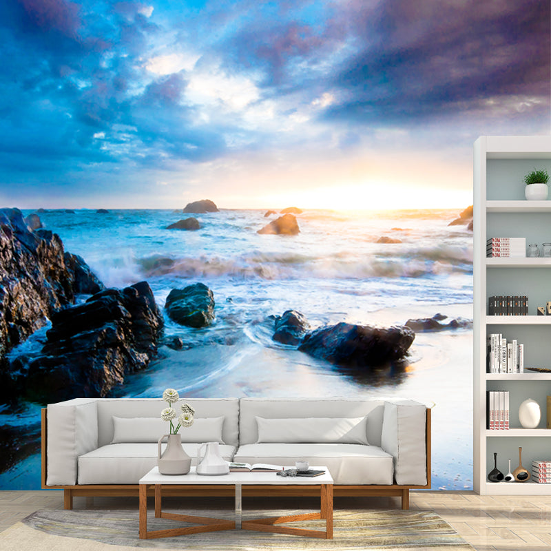 Sky Blue Tropical Mural Wallpaper Large Rock Beach Wall Covering for Living Room Clearhalo 'Wall Decor' 'Wall Mural' 1468634