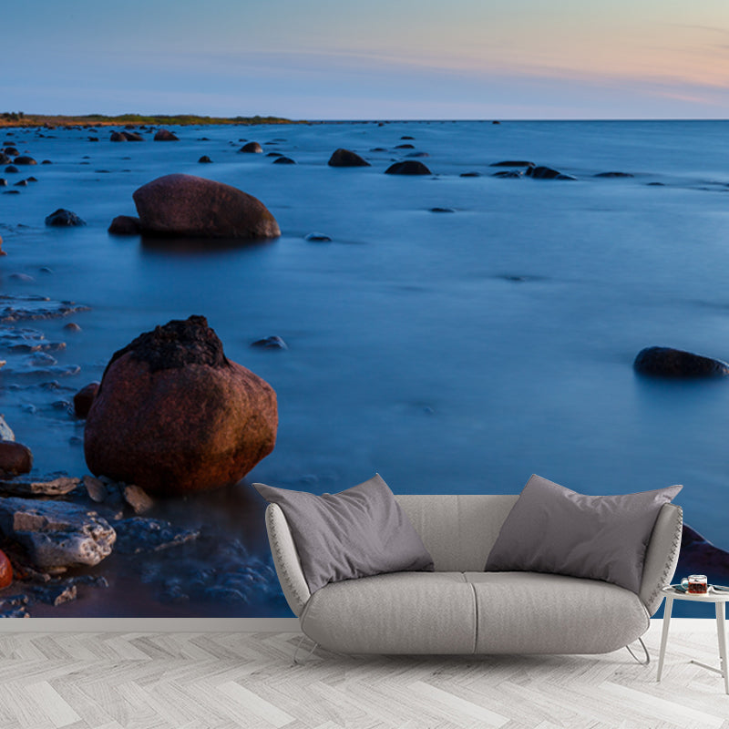 Sea with Rock Coast Mural Wallpaper in Blue Modern Wall Covering for Accent Wall Blue Clearhalo 'Wall Decor' 'Wall Mural' 1468647