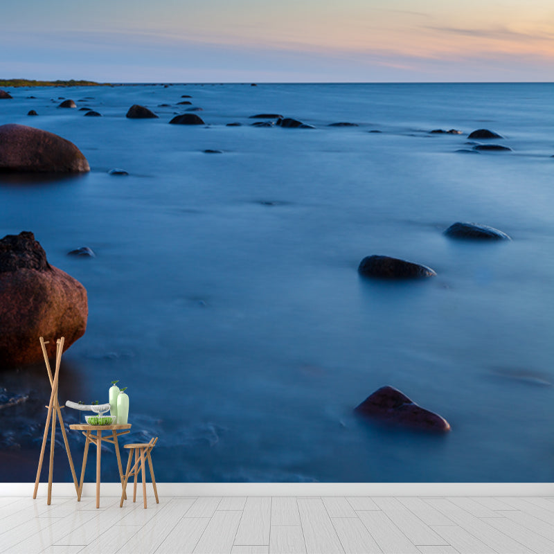 Sea with Rock Coast Mural Wallpaper in Blue Modern Wall Covering for Accent Wall Clearhalo 'Wall Decor' 'Wall Mural' 1468649