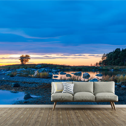 Photography Rocky Shoal Wallpaper Mural Large Wall Art for Living Room, Custom Size Blue Clearhalo 'Wall Decor' 'Wall Mural' 1468652