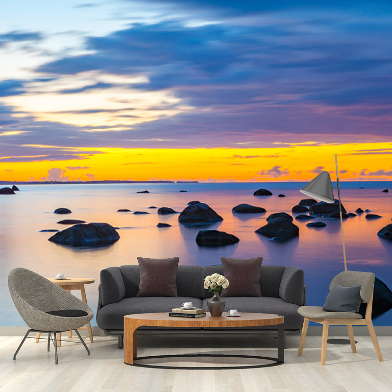 Custom Photo Print Tropical Mural with Sunset Rocky Beach Pattern in Blue-Yellow Blue-Yellow Clearhalo 'Wall Decor' 'Wall Mural' 1468657