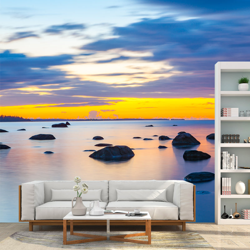 Custom Photo Print Tropical Mural with Sunset Rocky Beach Pattern in Blue-Yellow Clearhalo 'Wall Decor' 'Wall Mural' 1468658