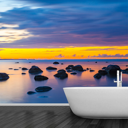 Custom Photo Print Tropical Mural with Sunset Rocky Beach Pattern in Blue-Yellow Clearhalo 'Wall Decor' 'Wall Mural' 1468659