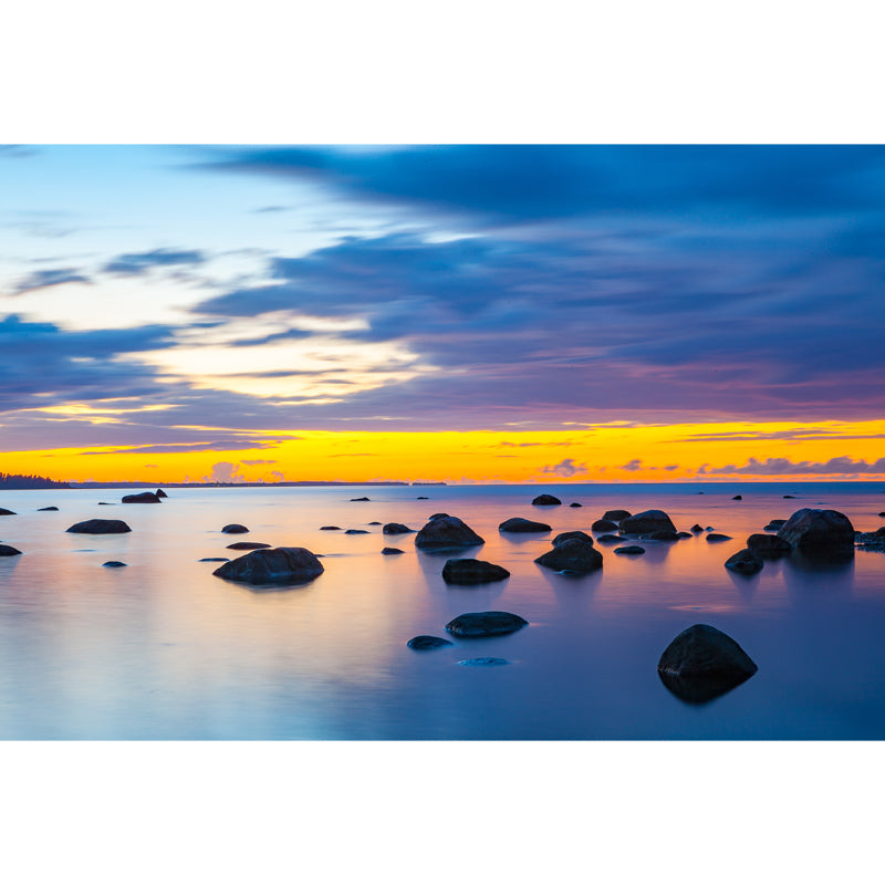 Custom Photo Print Tropical Mural with Sunset Rocky Beach Pattern in Blue-Yellow Clearhalo 'Wall Decor' 'Wall Mural' 1468660
