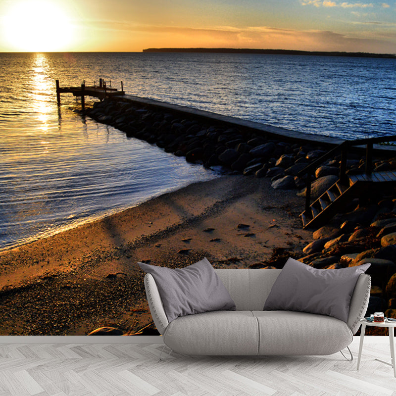 Huge Modern Mural Wallpaper Yellow-Blue Bridge to Sea at Dusk Wall Art, Custom Made Yellow-Blue Clearhalo 'Wall Decor' 'Wall Mural' 1468667