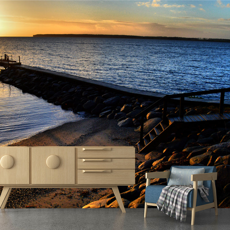 Huge Modern Mural Wallpaper Yellow-Blue Bridge to Sea at Dusk Wall Art, Custom Made Clearhalo 'Wall Decor' 'Wall Mural' 1468669