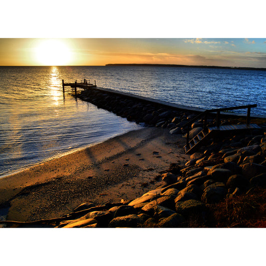 Huge Modern Mural Wallpaper Yellow-Blue Bridge to Sea at Dusk Wall Art, Custom Made Clearhalo 'Wall Decor' 'Wall Mural' 1468670