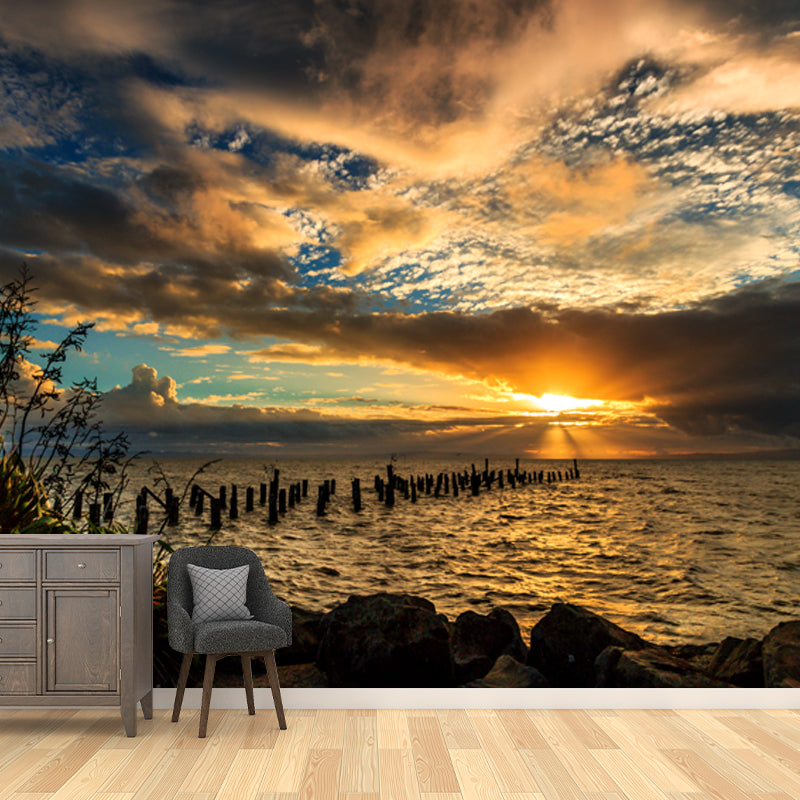 Yellow-Blue Contemporary Mural Huge Sunset Sea with Wood Breakwater Wall Covering for Home Yellow-Blue Clearhalo 'Wall Decor' 'Wall Mural' 1468672
