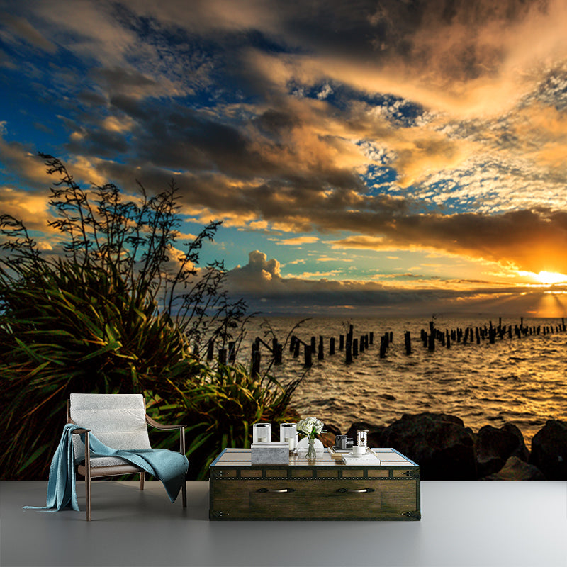 Yellow-Blue Contemporary Mural Huge Sunset Sea with Wood Breakwater Wall Covering for Home Clearhalo 'Wall Decor' 'Wall Mural' 1468673