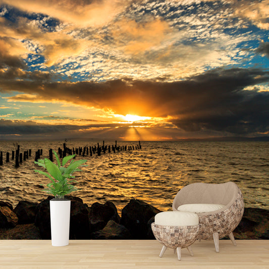 Yellow-Blue Contemporary Mural Huge Sunset Sea with Wood Breakwater Wall Covering for Home Clearhalo 'Wall Decor' 'Wall Mural' 1468674