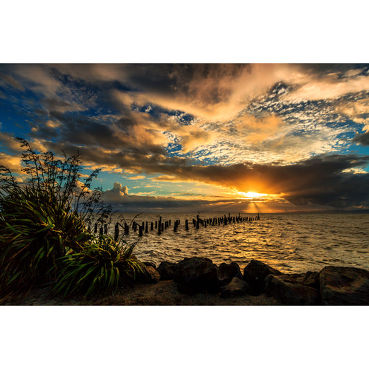 Yellow-Blue Contemporary Mural Huge Sunset Sea with Wood Breakwater Wall Covering for Home Clearhalo 'Wall Decor' 'Wall Mural' 1468675
