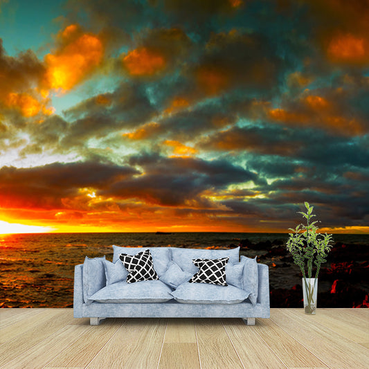 Splendid Ocean Evening Glow Mural Decal for Accent Wall, Blue-Orange, Made to Measure