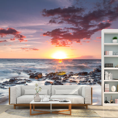 Blue-White Tide Wallpaper Mural Contemporary Sunset Seascapes Wall Art, Custom Printed Blue-White Clearhalo 'Wall Decor' 'Wall Mural' 1468702