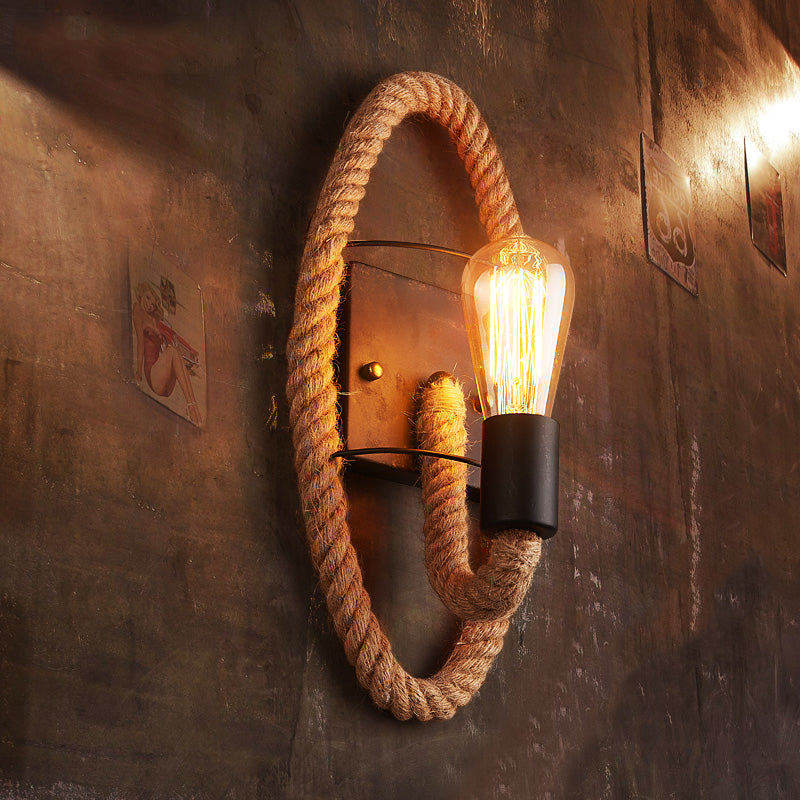 Roped Round/Oval Wall Light with Bare Bulb Nautical Style 1 Light Restaurant Wall Sconce Lighting in Black Black Oval Clearhalo 'Art deco wall lights' 'Cast Iron' 'Glass' 'Industrial wall lights' 'Industrial' 'Middle century wall lights' 'Modern' 'Rustic wall lights' 'Tiffany' 'Traditional wall lights' 'Wall Lamps & Sconces' 'Wall Lights' Lighting' 146873