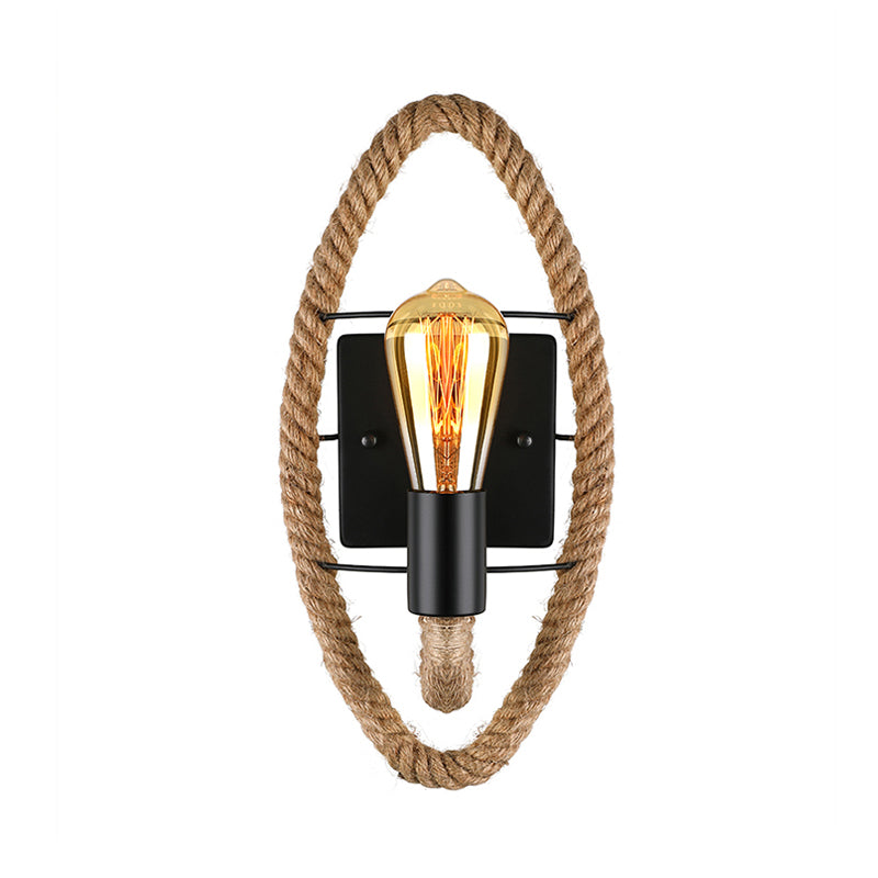 Roped Round/Oval Wall Light with Bare Bulb Nautical Style 1 Light Restaurant Wall Sconce Lighting in Black Clearhalo 'Art deco wall lights' 'Cast Iron' 'Glass' 'Industrial wall lights' 'Industrial' 'Middle century wall lights' 'Modern' 'Rustic wall lights' 'Tiffany' 'Traditional wall lights' 'Wall Lamps & Sconces' 'Wall Lights' Lighting' 146875