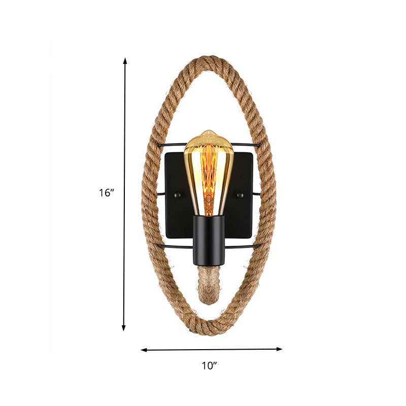 Roped Round/Oval Wall Light with Bare Bulb Nautical Style 1 Light Restaurant Wall Sconce Lighting in Black Clearhalo 'Art deco wall lights' 'Cast Iron' 'Glass' 'Industrial wall lights' 'Industrial' 'Middle century wall lights' 'Modern' 'Rustic wall lights' 'Tiffany' 'Traditional wall lights' 'Wall Lamps & Sconces' 'Wall Lights' Lighting' 146876
