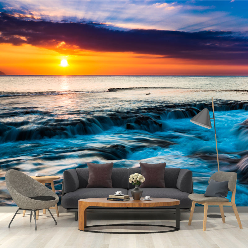 Enchanting Coastal Sunset Scenery Mural for Living Room, Yellow-Blue, Custom Size Available Yellow-Blue Clearhalo 'Wall Decor' 'Wall Mural' 1468767