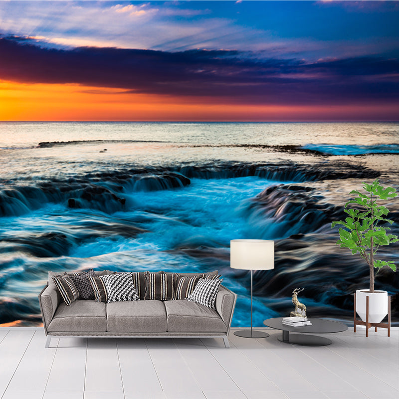 Enchanting Coastal Sunset Scenery Mural for Living Room, Yellow-Blue, Custom Size Available Clearhalo 'Wall Decor' 'Wall Mural' 1468769