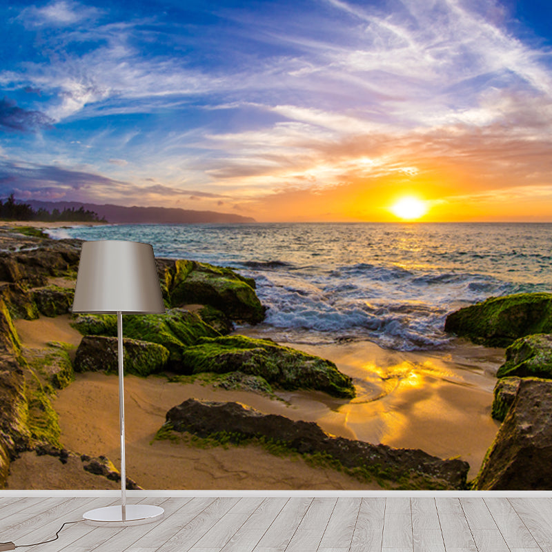 Full Size Twilight Coast Mural Wallpaper Yellow-Blue Non-Woven Wall Art, Waterproof, Custom Made Yellow-Blue Clearhalo 'Wall Decor' 'Wall Mural' 1468772