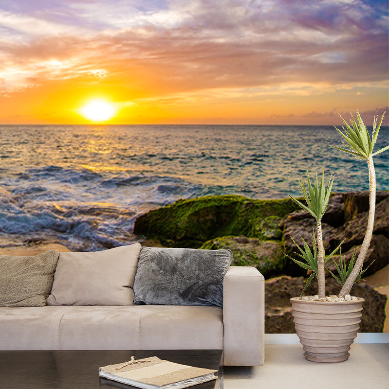 Full Size Twilight Coast Mural Wallpaper Yellow-Blue Non-Woven Wall Art, Waterproof, Custom Made Clearhalo 'Wall Decor' 'Wall Mural' 1468774