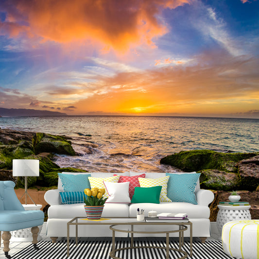 Tropical Sunset Rocky Bay Mural for Living Room Personalized Wall Decor in Blue-Green Clearhalo 'Wall Decor' 'Wall Mural' 1468779